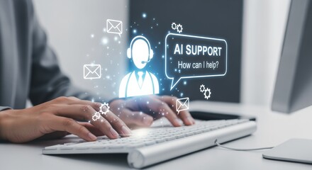 AI technology business support concept, virtual assistant chatbot interface over keyboard, smart customer service, automated online support, digital communication, and intelligent help desk solutions.