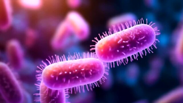 Microscopic view of rod-shaped bacteria with flagella in vibrant purple and pink hues.