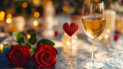 Romantic and warm, red roses sparkling red heart white wine glass, warm light bokeh atmospheric tabletop, suitable for Valentine's Day date promotional posters, high-end catering marketing materials