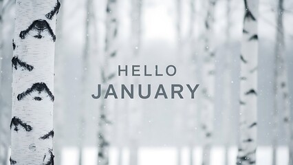 Hello January Text Overlay on a Serene Winter Forest Landscape with White Birch Trees and Falling Snow