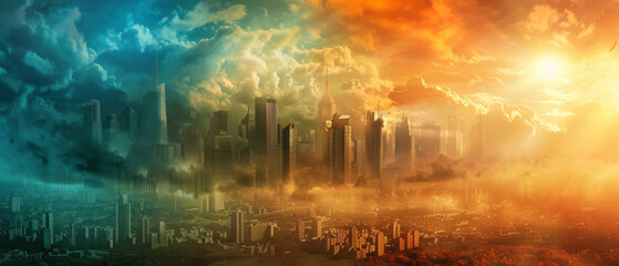 The cityscape with contrasting dark clouds and bright sun illustrates the climate crisis and is suitable as a dramatic backdrop for environmental campaigns or social projects.