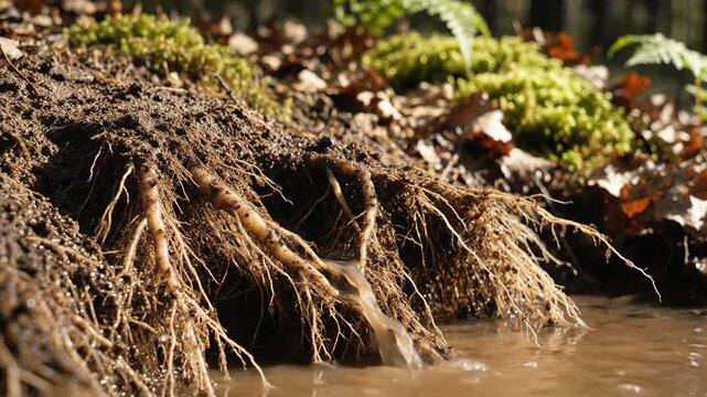 Intricate root systems exposed in eroded soil with moss and ferns in natural sunlight