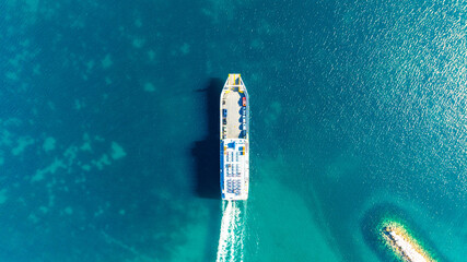 View of passenger and car ferry from a drone while at sea