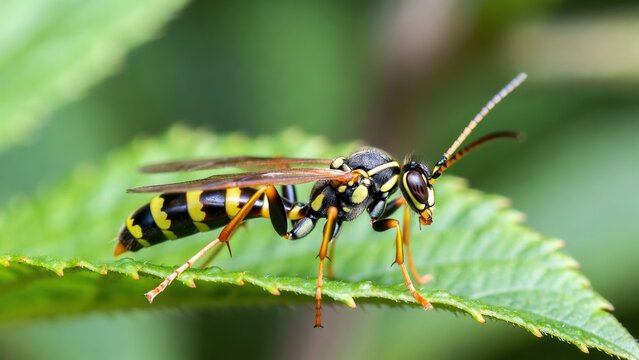 Detailed view of a yellow and black striped wasp perched on a bright green