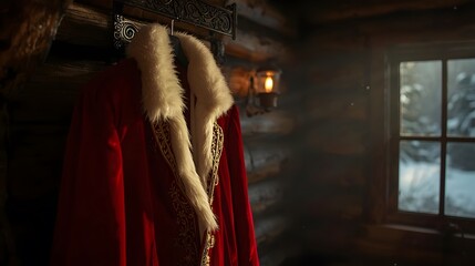 red velvet coat with fur trim hanging by window in log cabin