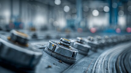 Obraz premium Shallow focus shot of industrial equipment on an assembly line with metallic, rounded components and blurred background