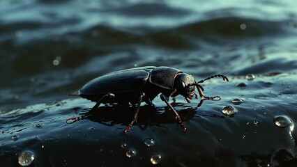 Dark water beetle with shiny exoskeleton on the rippled surface of murky