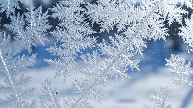 Intricate ice crystal patterns forming on a frosted windowpane against a blurred blue sky and snow