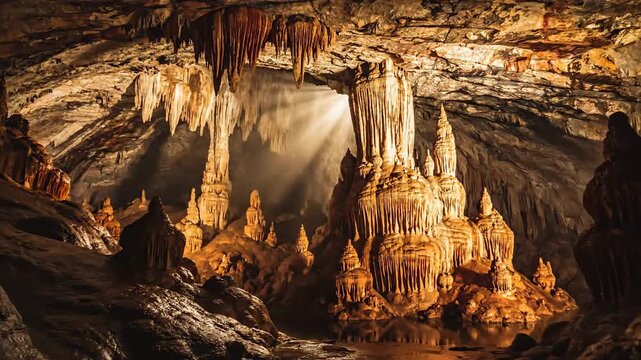 Majestic golden light illuminates the interior of a vast, ancient cavern filled with dramatic stalactites and stalagmites.