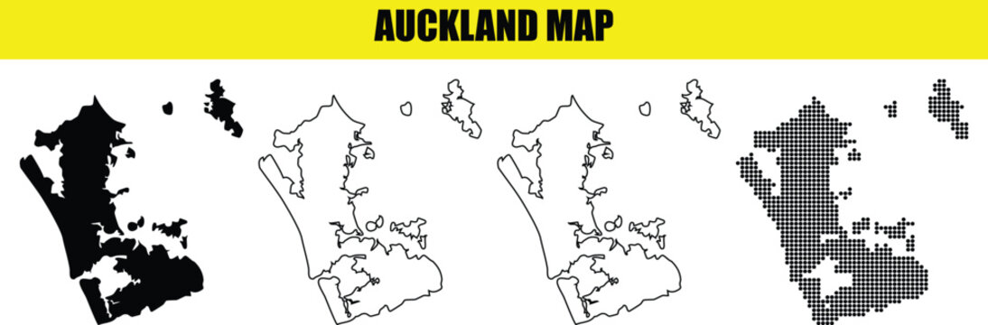 Auckland new zealand map set different styles silhouettes borders dotted design geographical contour illustration isolated background