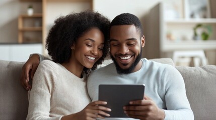 Two happy people, enthusiastically looking at a tablet on a cosy sofa, create an atmosphere of home comfort — the perfect backdrop for advertising family gadgets or services.