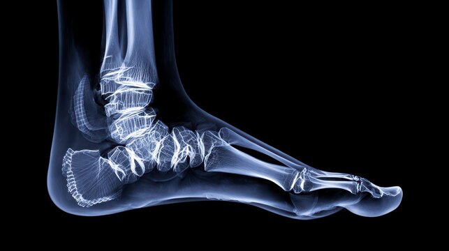 Medical X-ray image revealing the skeletal structure of a human foot in profile view, showcasing bones & joints