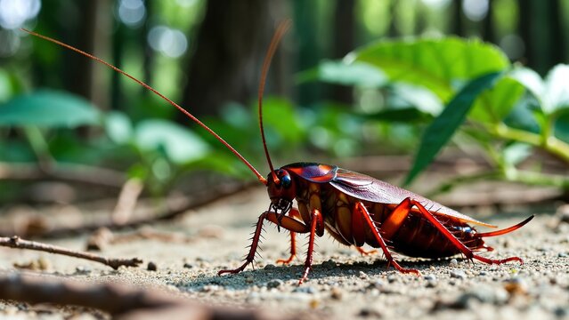 Detailed view of a reddish-brown cockroach with long antennae on natural