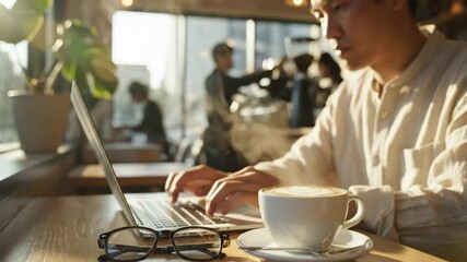 Focused man working on laptop at cafe, enjoying latte and coffee break in sunny morning with natural light