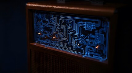 Close-up of vintage radio circuit board with blue glow