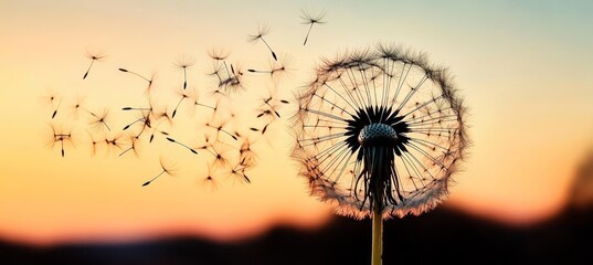 Naklejka premium A Serene Sunset Over a Meadow of Dandelions, Seeds Gently Dancing in the Evening Breeze