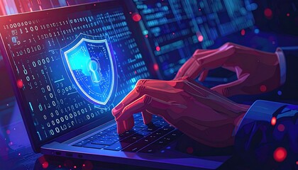 A digital illustration depicts a person typing on a laptop, with a glowing shield representing security. Binary code and a blue light suggest cybersecurity
