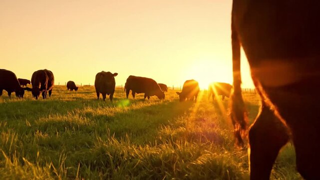 A serene video of a cow standing in a peaceful field at sunset agriculture farming video