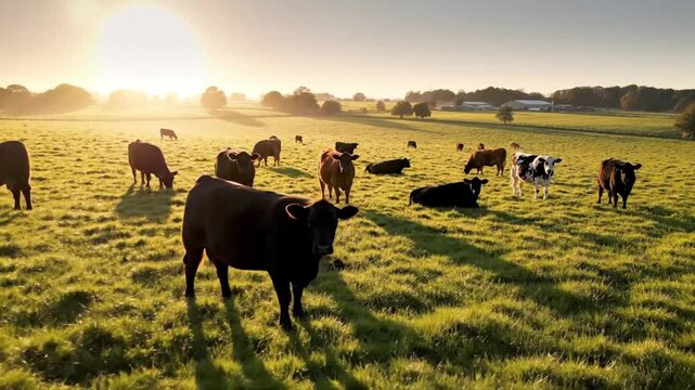A serene video of cows grazing peacefully in a lush green field at sunset agriculture farming video