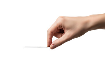 A fair-skinned professional hand gently pinching an implied thin object, isolated against a seamless transparent background with copy space. Concept for corporate branding