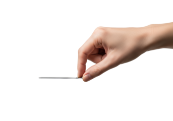 A fair-skinned professional hand gently pinching an implied thin object, isolated against a seamless transparent background with copy space. Concept for corporate branding