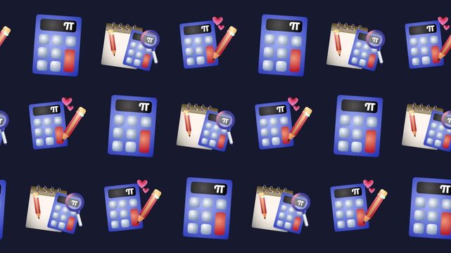 Seamless pattern of mathematics, accounting, and data analysis icons in a tile background animation. Repeating wallpaper with calculator cartoon symbol and financial audit backdrop decoration concept.