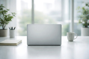Fototapeta premium Minimal modern workspace with laptop coffee cup and natural light