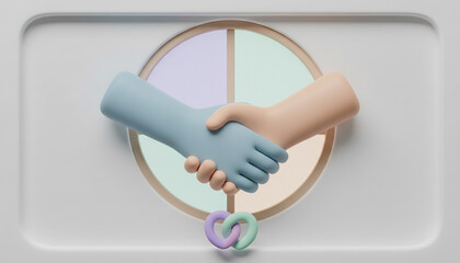 Stylized 3D illustration of diverse hands shaking in agreement against a pastel pie chart background, symbolizing partnership and collaboration.