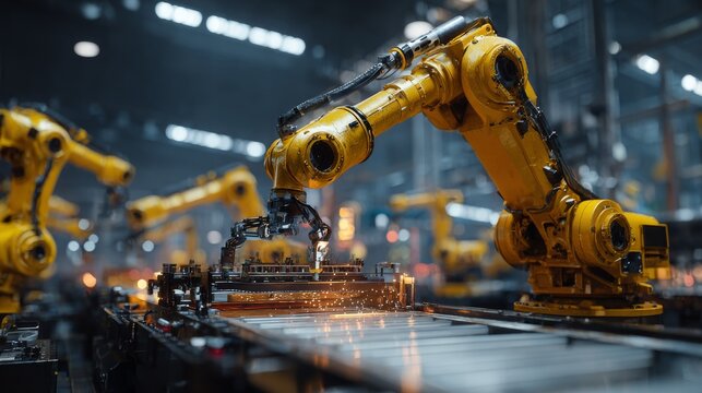 Industrial setting with yellow robotic arms assembling on a conveyor, creating sparks, other arms in the background