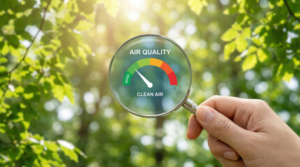 Hand holding magnifying glass with a clean air quality gauge on green foliage background. Concept of environmental monitoring, climate action, and breathable fresh air. 3D render illustration.