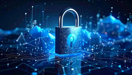 A digital illustration of a metallic padlock on a circuit board background with glowing nodes and lines, representing cybersecurity