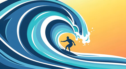 Surfer Riding A Massive Wave Under A Bright Sunny Sky Illustration