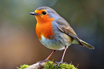 European robin perched on mossy branch.