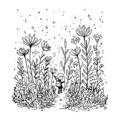 Little Girl Walking Through Tall Flowers in Garden at Night