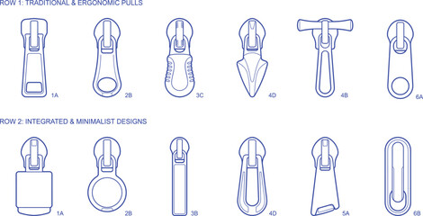 Technical vector collection of various zipper pulls and sliders including traditional ergonomic integrated and minimalist designs for clothing garment and accessories © Hello World