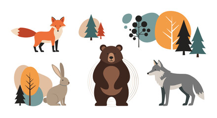 Obraz premium Charming collection of woodland animals including a fox, rabbit, bear, and wolf, surrounded by stylized forest trees and abstract shapes.