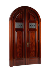 Majestic vintage art deco mahogany double doors, slightly ajar, isolated on a transparent cyclorama studio background; concept of new beginning and opportunity