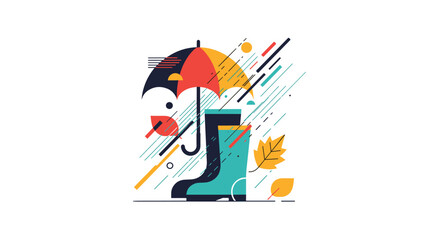 Vibrant autumn illustration featuring a colorful umbrella, rubber rain boots, falling raindrops, and autumn leaves, depicting the fall weather.