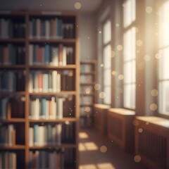 흐린효과의 도서관 책장의 책, 창문햇살들어오는A book on the library bookshelf with a cloudy effect, a window sunlight coming in