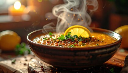 Steaming Bowl of Hearty Lentil Soup Garnished with Fresh Parsley and Lemon Slice with Soft Candlelight Glow