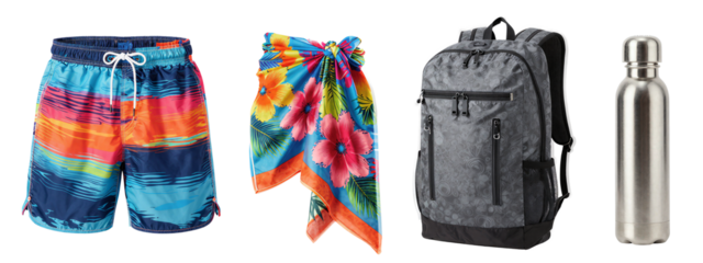 Photograph of colorful swim shorts, vibrant tropical scarf, gray backpack, and stainless steel water bottle, all arranged side by side.