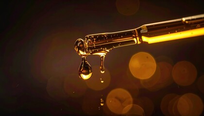 Golden Oil Dropping From Dropper In Studio Lighting With Bokeh Background