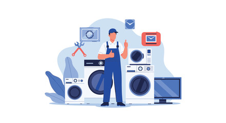 Confident repairman giving a thumbs-up while standing amidst a variety of home appliances, signifying expert repair and maintenance services.