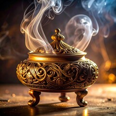 Ornate Golden Incense Burner Emitting Wisps of White Smoke on a Dark Textured Surface with Soft Bokeh Background Lighting