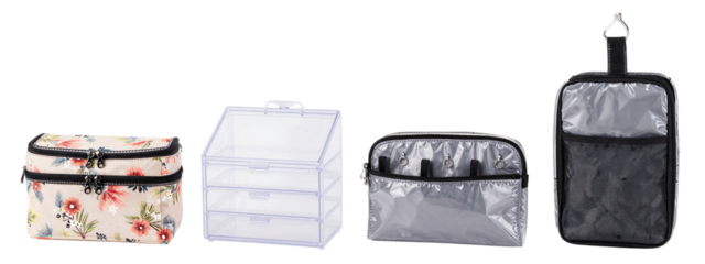 Photograph of five storage items: floral fabric pouch, clear plastic drawers, transparent plastic box, silver mesh pouch with black trim, and black mesh bag with clear top compartment.