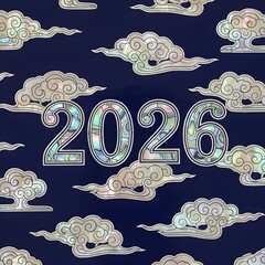 한국 전통문양 자개 패턴 실버 네이비 2026 글씨Korean Traditional Patterned Embroidery Pattern Silver Navy 2026 Lettering