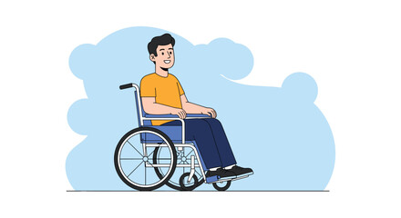 Fototapeta premium Happy young man in a wheelchair, smiling confidently and looking forward, symbolizing mobility, independence, and a positive outlook.