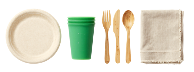 Photograph of a beige plate, green cup, wooden fork, knife, and spoon, and a beige cloth napkin.