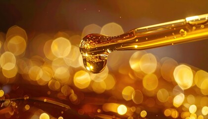 Golden Liquid Droplet Falling From Pipette Macro Shot With Warm Bokeh Background And Soft Lighting