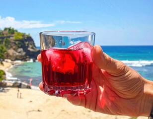 Hand Holding Red Drink With Ice Cubes On A Tropical Beach With Blue Ocean And Sunny Sky In The Background